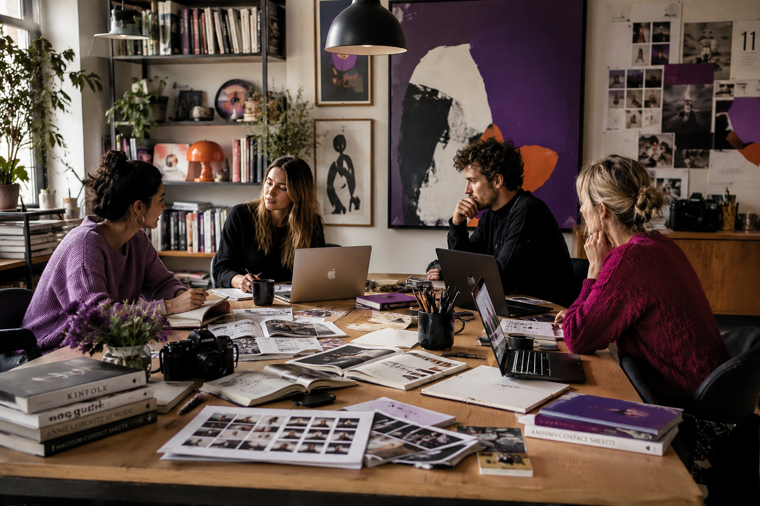 The W11 Creative team reviewing creative work together around a studio table