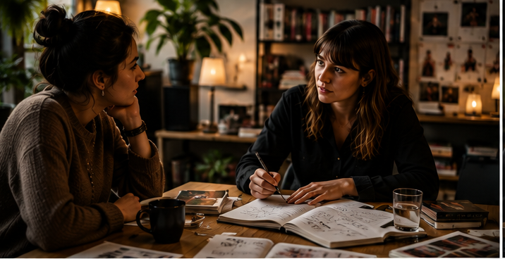 A quiet conversation, listening and taking notes